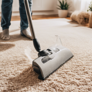 Vacuuming Berber carpet to remove dirt and dust