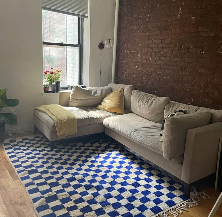 Blue checkered rug in a modern living room.