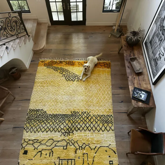 Handwoven Moroccan Berber rugs with geometric patterns in a modern living room.