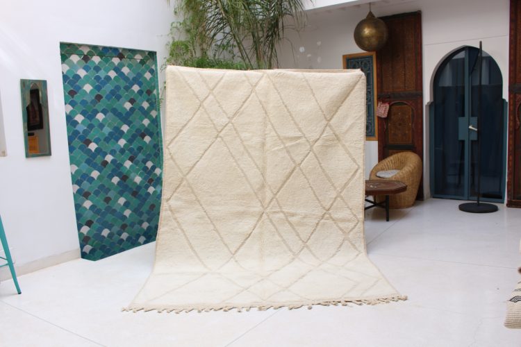 Beni Ourain Area Rug with traditional geometric design, handcrafted from natural wool.