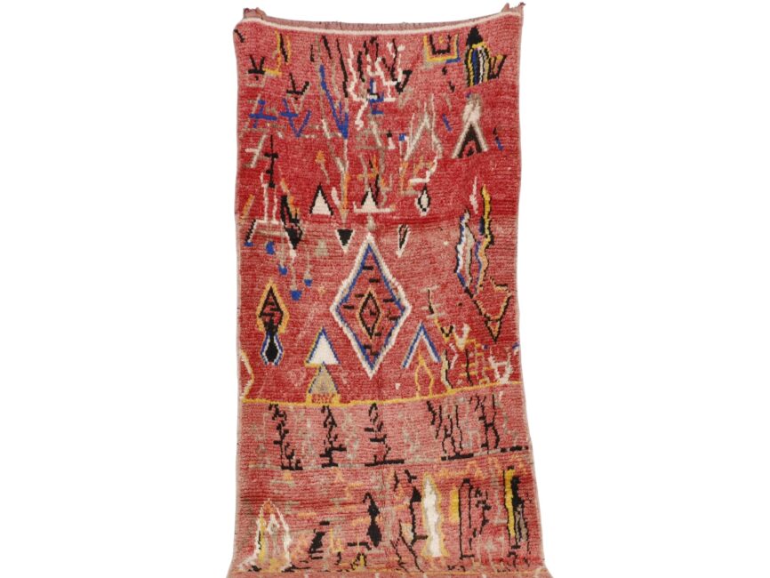 handmade Azilal rug 7.4×3.3 ft red wool tribal geometric