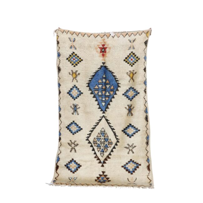 Vintage Azilal rug 7.2×4.1 ft cream wool blue geometric motifs