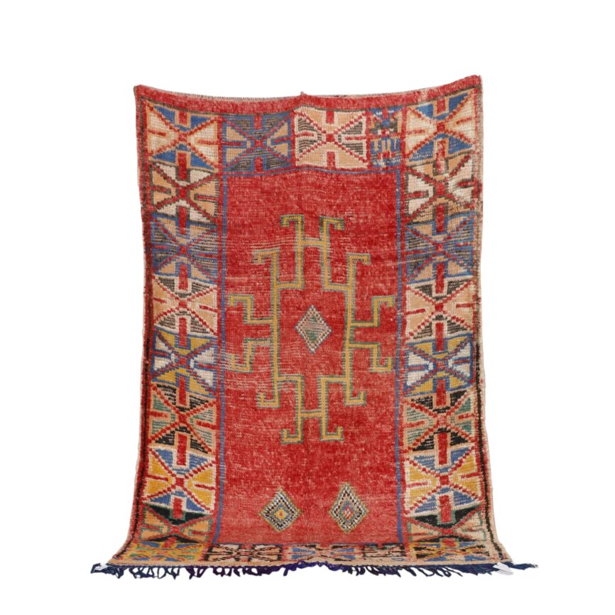 Azilal rug red 7.5×5.0 ft Moroccan Berber wool geometric borders
