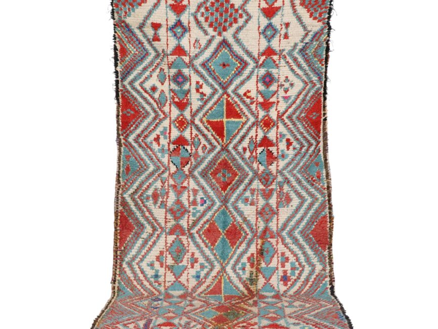 Azilal rug 12.9×4.6 ft Moroccan turquoise red ivory wool geometric motifs