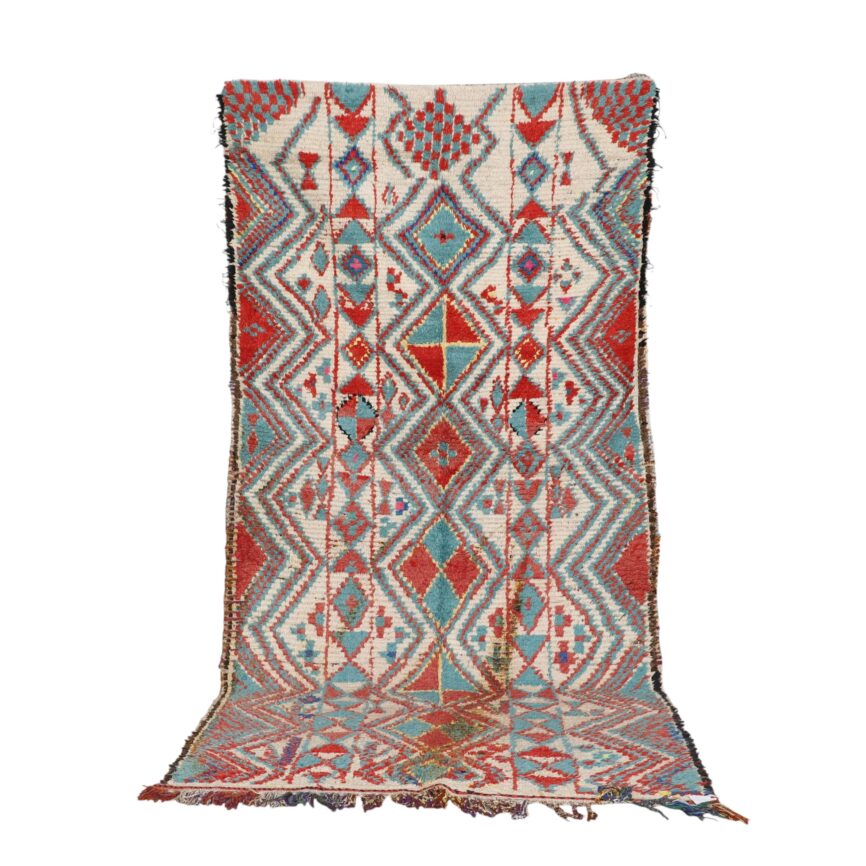 Azilal rug 12.9×4.6 ft Moroccan turquoise red ivory wool geometric motifs
