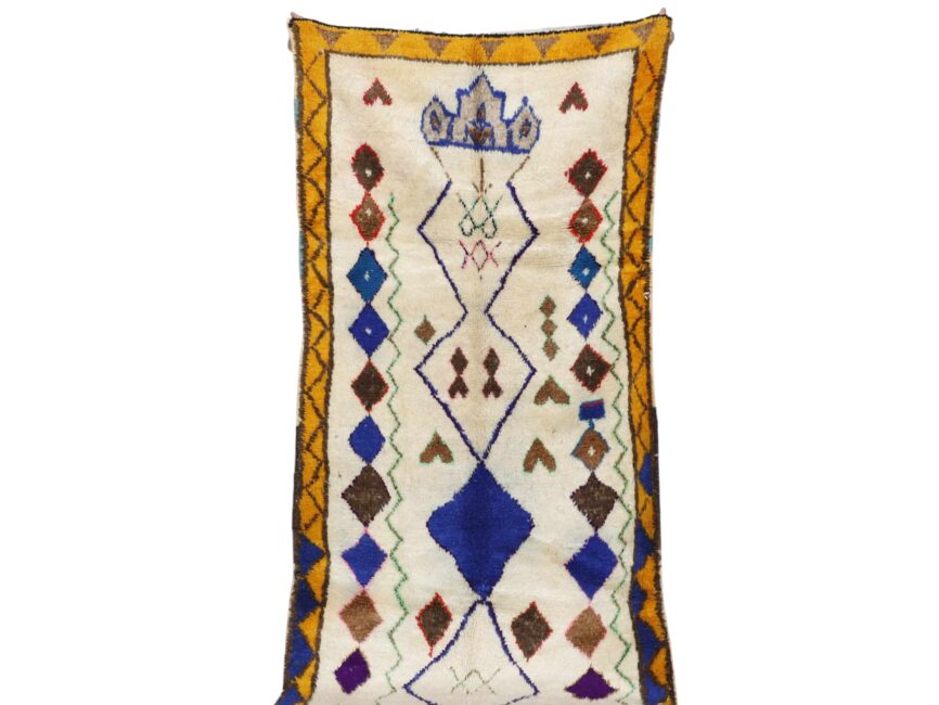 Azilal rug 7.3×3.3 ft Moroccan ivory wool colorful geometric motifs