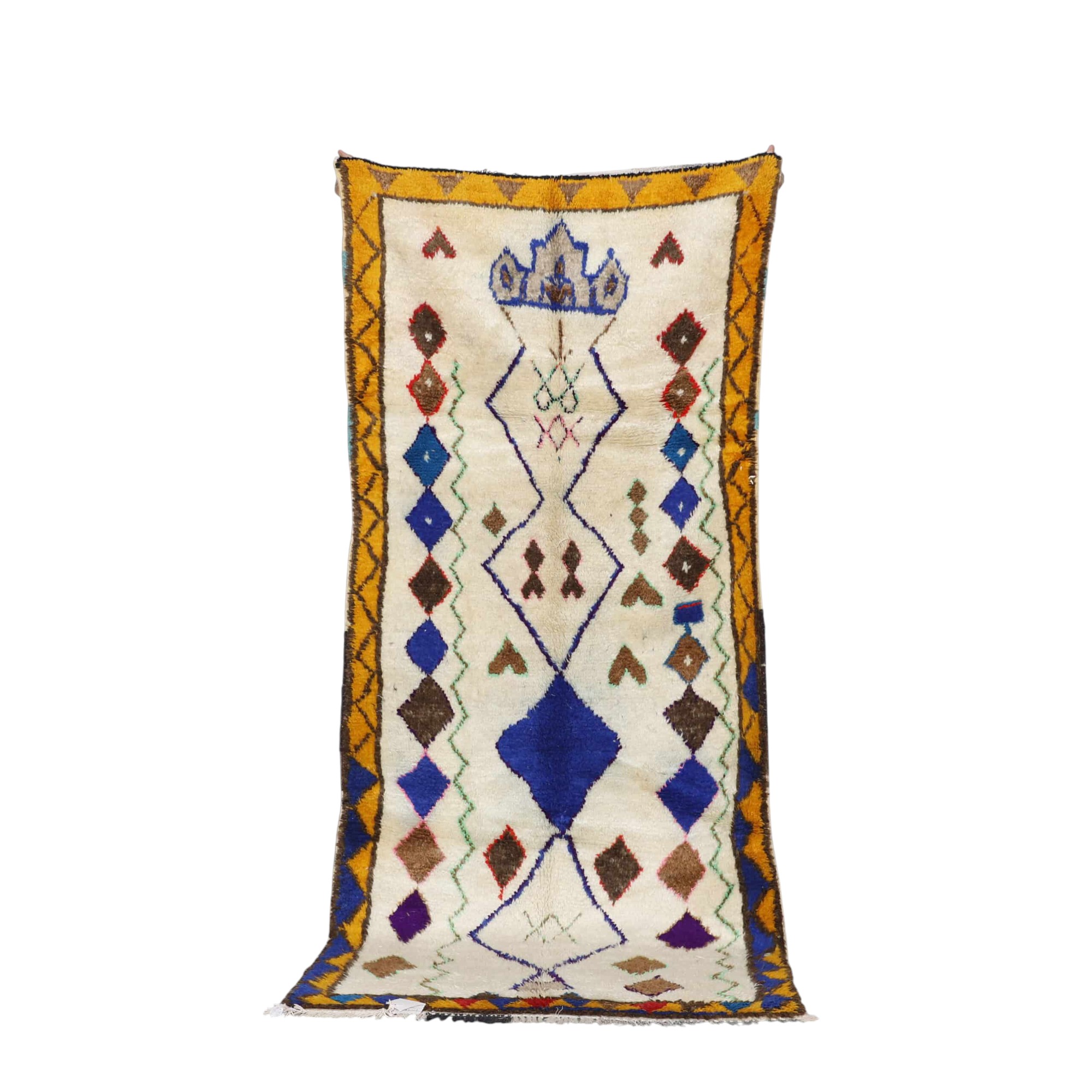 Azilal rug 7.3×3.3 ft Moroccan ivory wool colorful geometric motifs