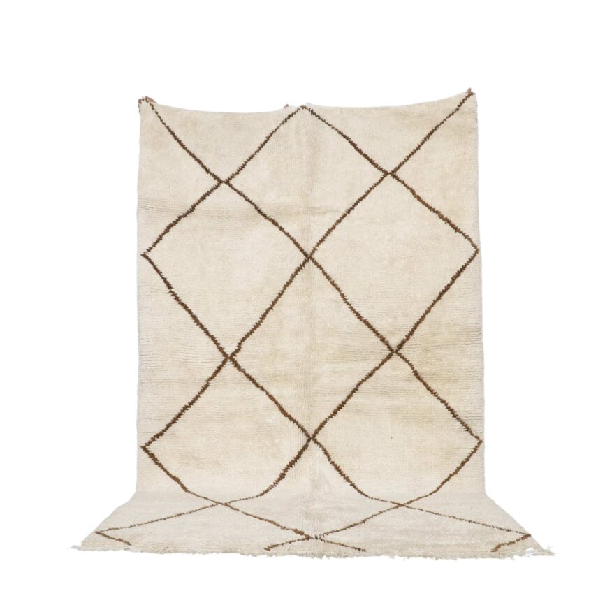 Vintage Marmoucha rug 8.4×5.4 ft Moroccan ivory wool brown diamond pattern