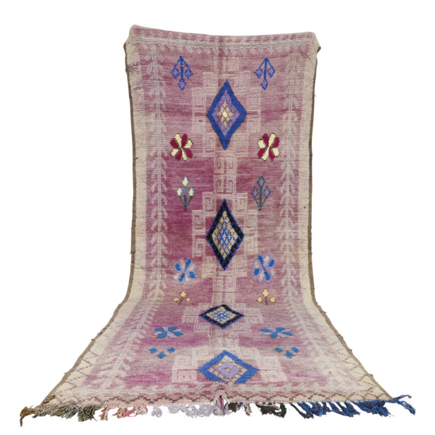 Vintage Boujaad Rug 12.1×4.4 ft Moroccan wool pink blue geometric motifs