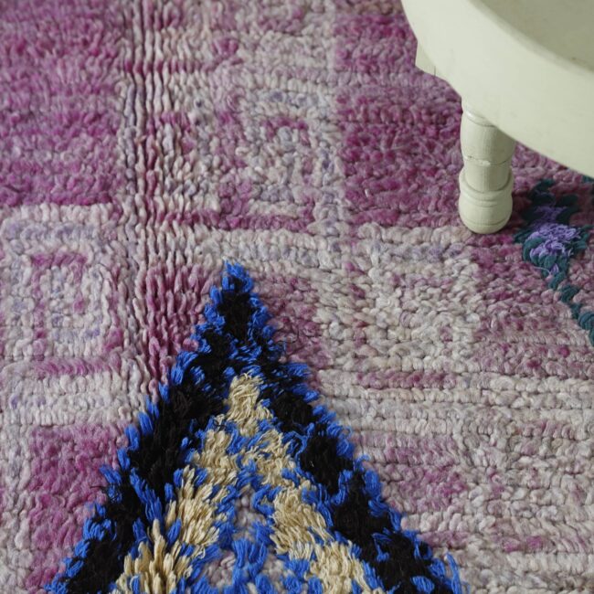 Vintage Boujaad Rug 12.1×4.4 ft – Moroccan Wool in Pink & Blue Geometric Design - Image 3