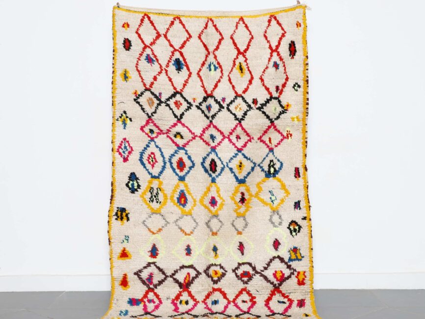 handmade Azilal rug 6.8×3.8 ft colorful diamond wool