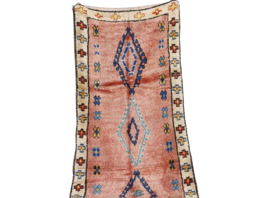 handmade Azilal rug 7.7×3.5 ft pink wool blue diamond