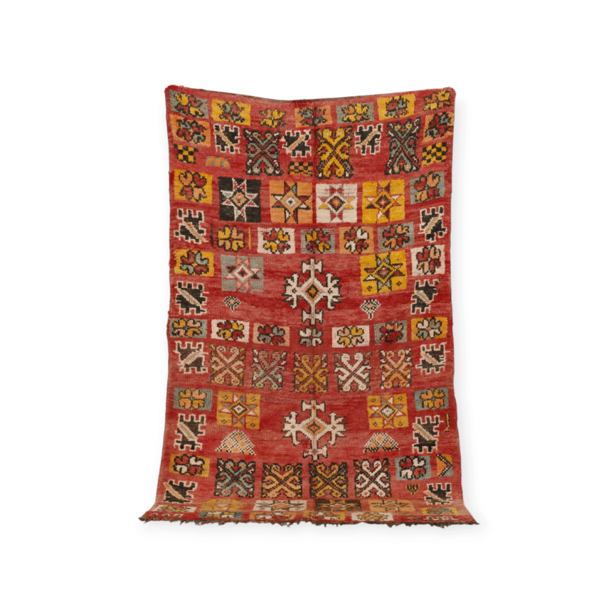 Vintage Jewish Rug 6.9×3.9 ft Moroccan wool symbolic patchwork motifs