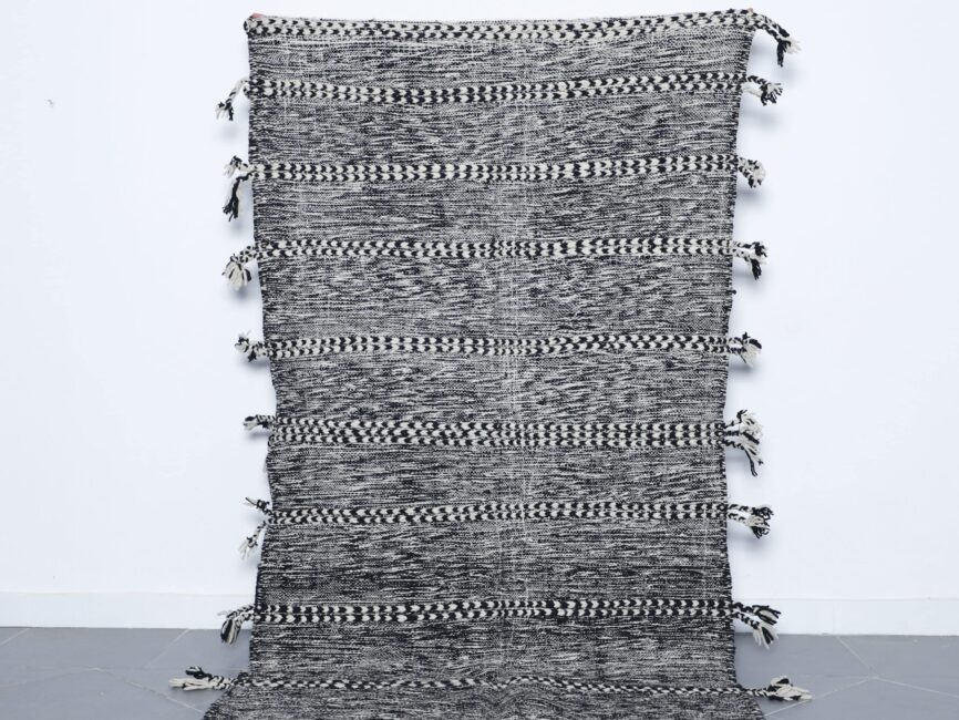 Zanafi Kilim Rug 7.9×4.4 Ft Black White Moroccan Wool Carpet