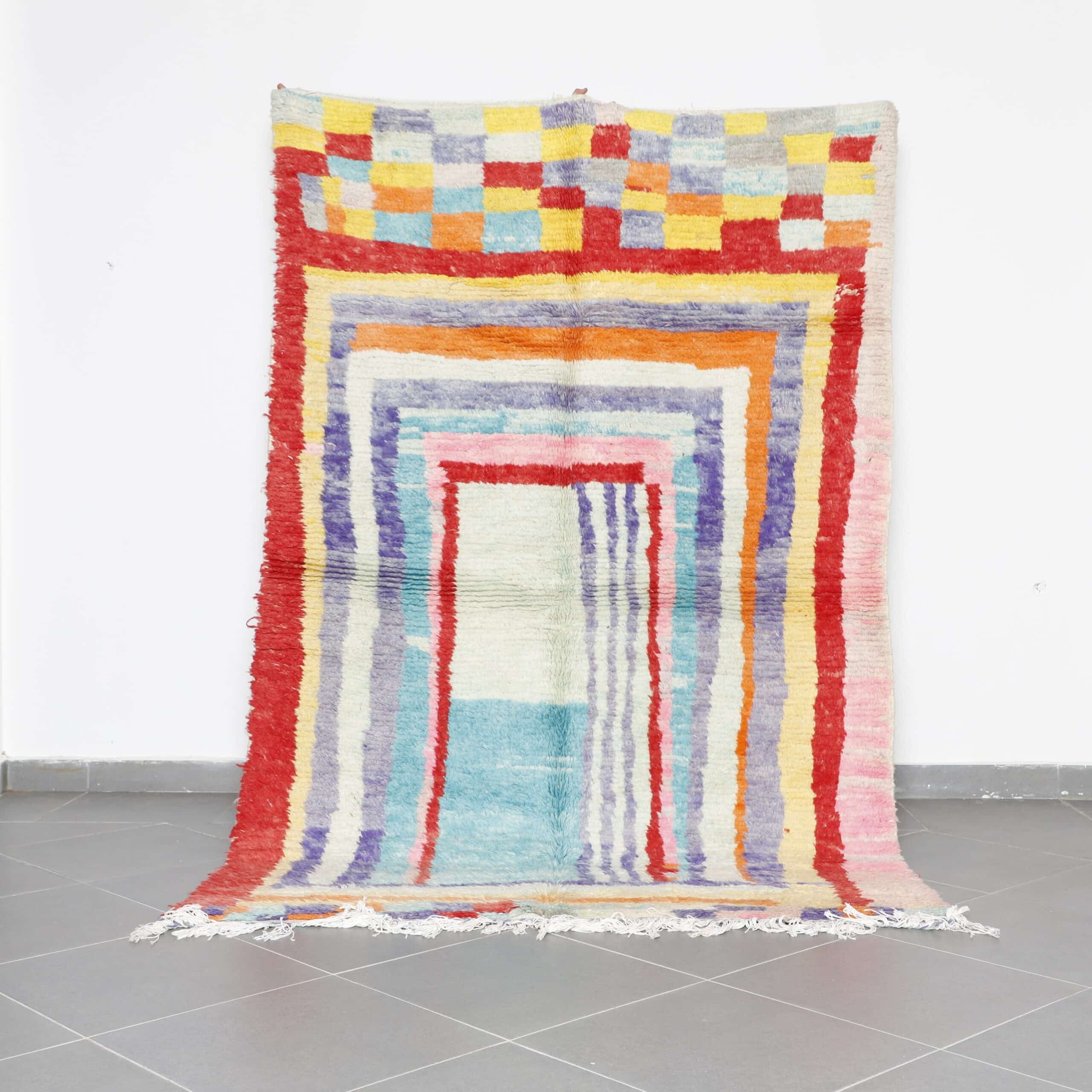 Abstract Boujaad Rug 8.5×5.6 Ft – Handmade Moroccan Wool Carpet