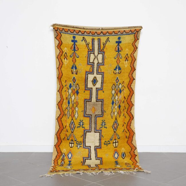 Vintage Azilal Yellow Rug 8.0×3.7 Ft Handmade Moroccan Wool