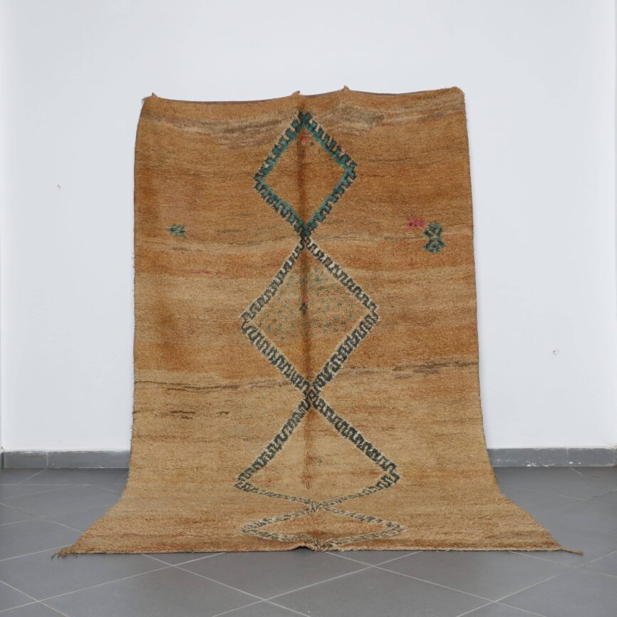 Vintage Oulmes Rug 10.5×6.0 Ft with geometric diamond pattern in earthy brown tones, handcrafted in Morocco.