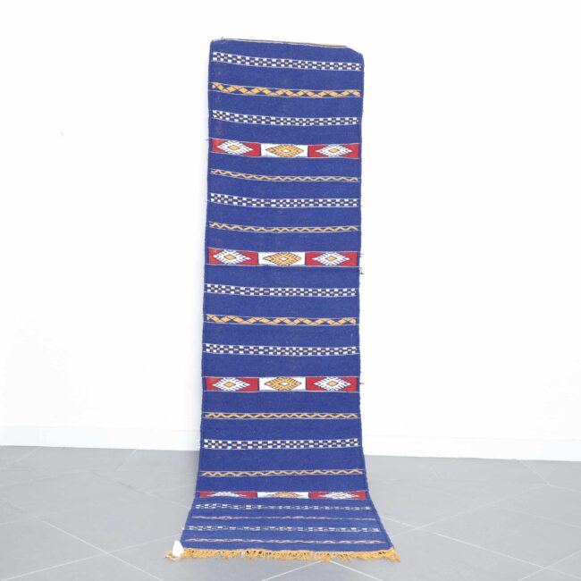 Azemour runner rug 9.4×2.4 ft handmade Moroccan wool rug in blue and red tones