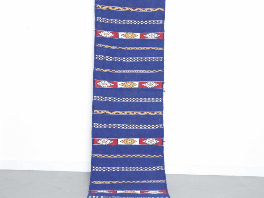 Azemour runner rug 9.4×2.4 ft handmade Moroccan wool rug in blue and red tones