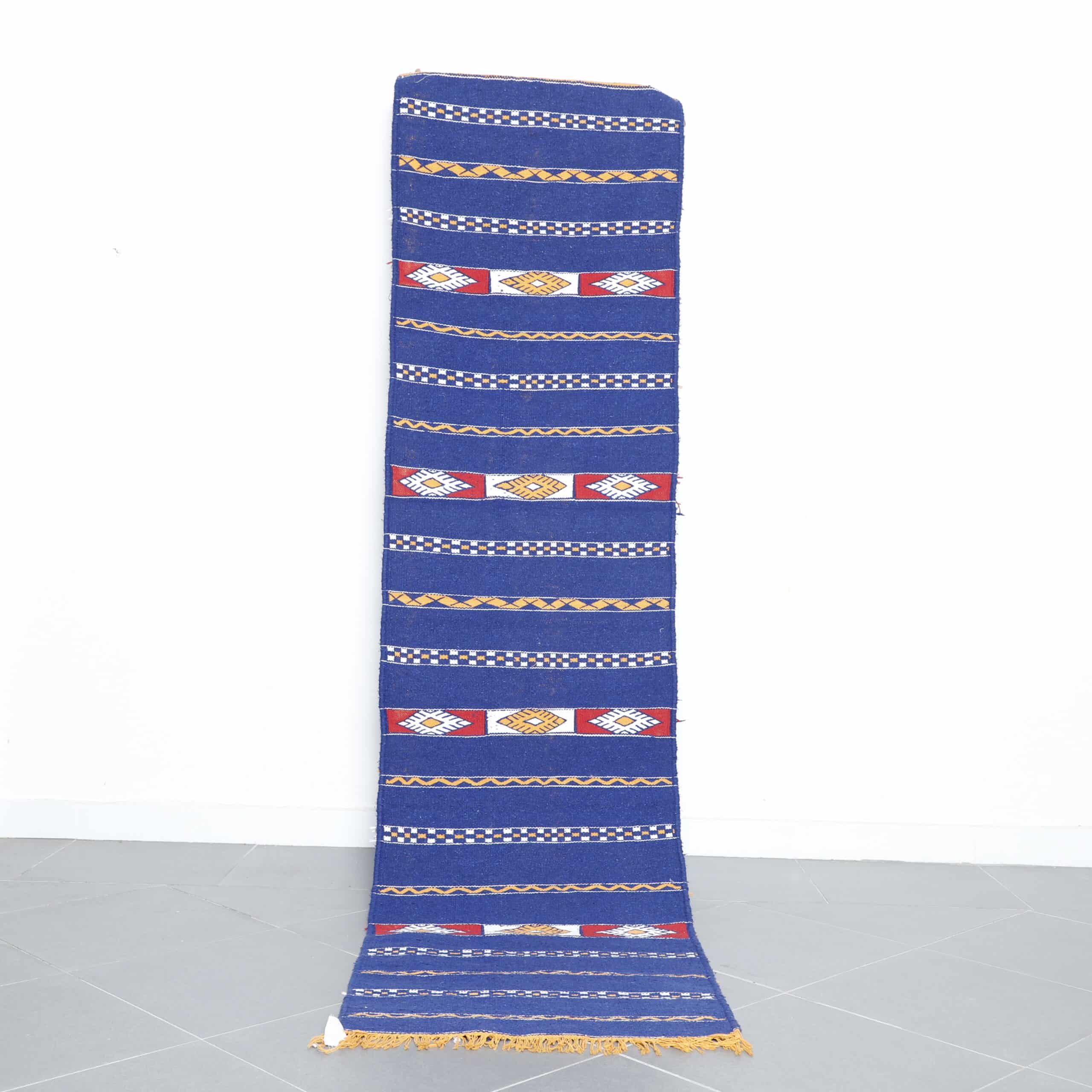 Azemour runner rug 9.4×2.4 ft handmade Moroccan wool rug in blue and red tones
