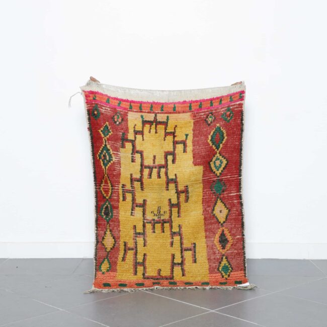 Azilal Rug 3.7×2.7 ft handmade Moroccan wool rug in red and yellow tribal design