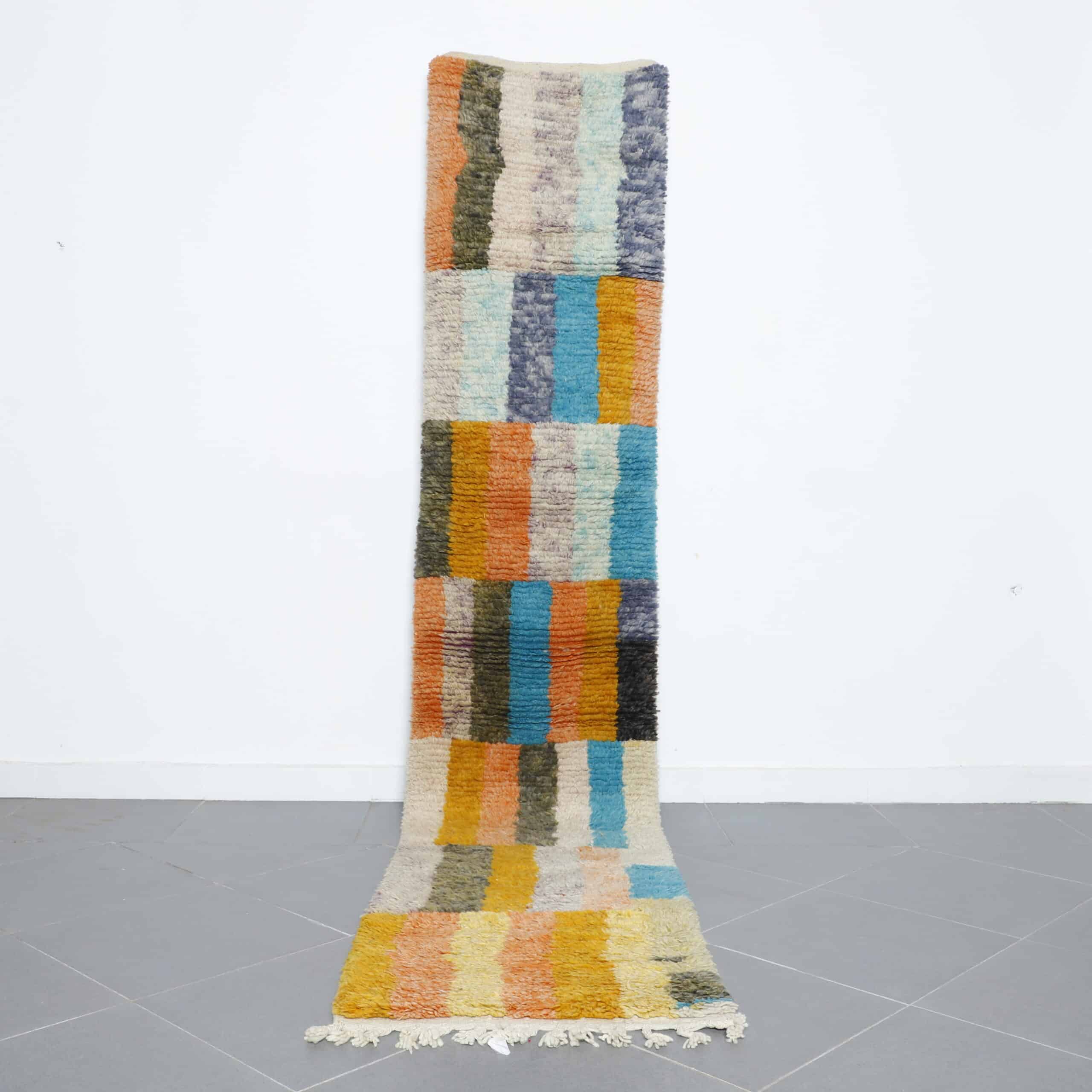 Boujaad Runner 11.5×2.3 ft – Handmade Moroccan Wool Rug with Colorful Geometric Blocks