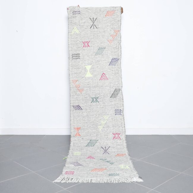 Vintage runner rug 8.9×2.4 ft handmade Moroccan flatweave with colorful Berber symbols