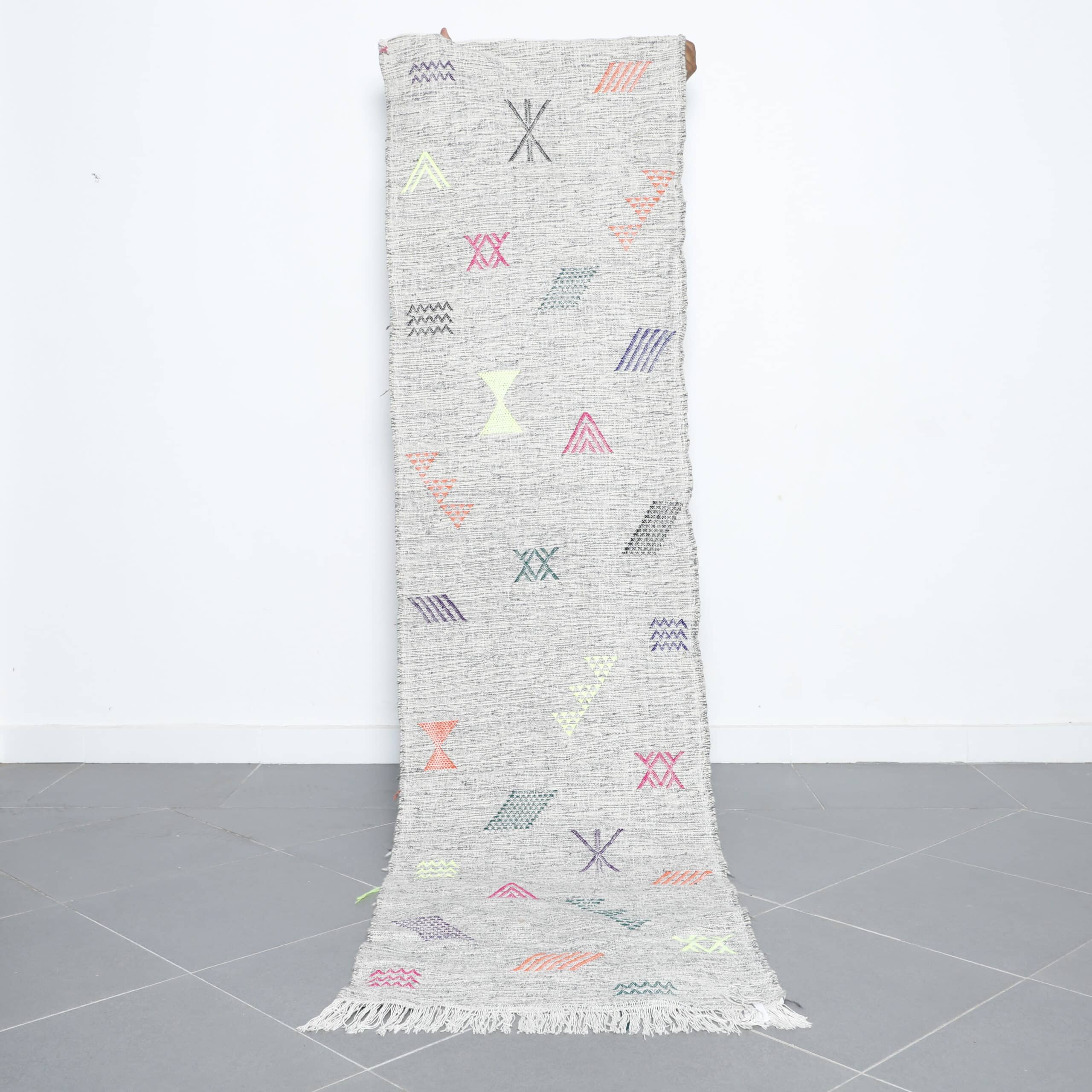 Vintage runner rug 8.9×2.4 ft handmade Moroccan flatweave with colorful Berber symbols