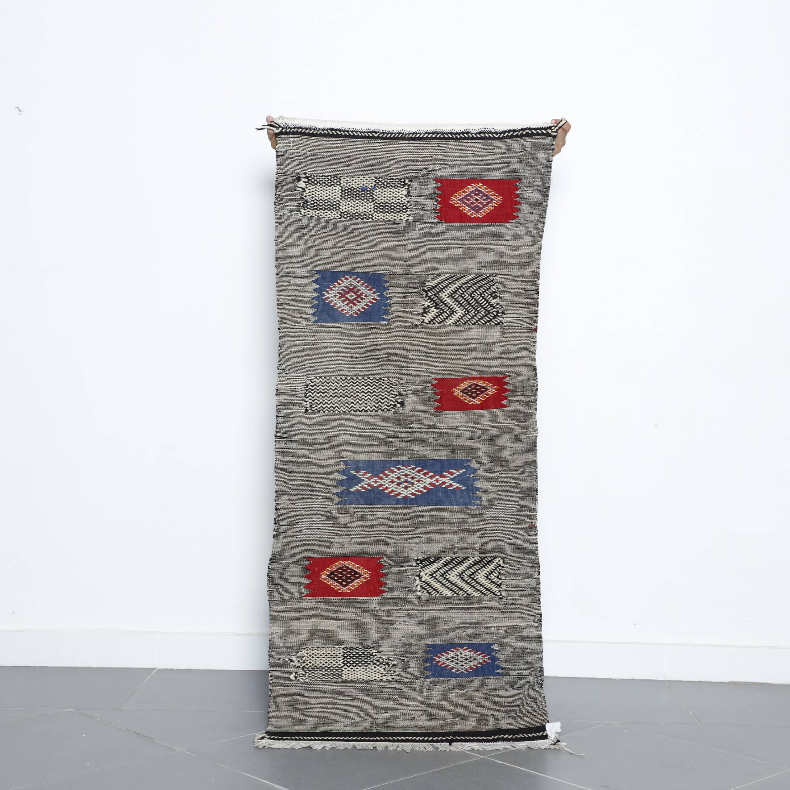 Zanafi runner rug 5.1×2.3 ft handmade Moroccan wool flatweave rug with geometric embroidery