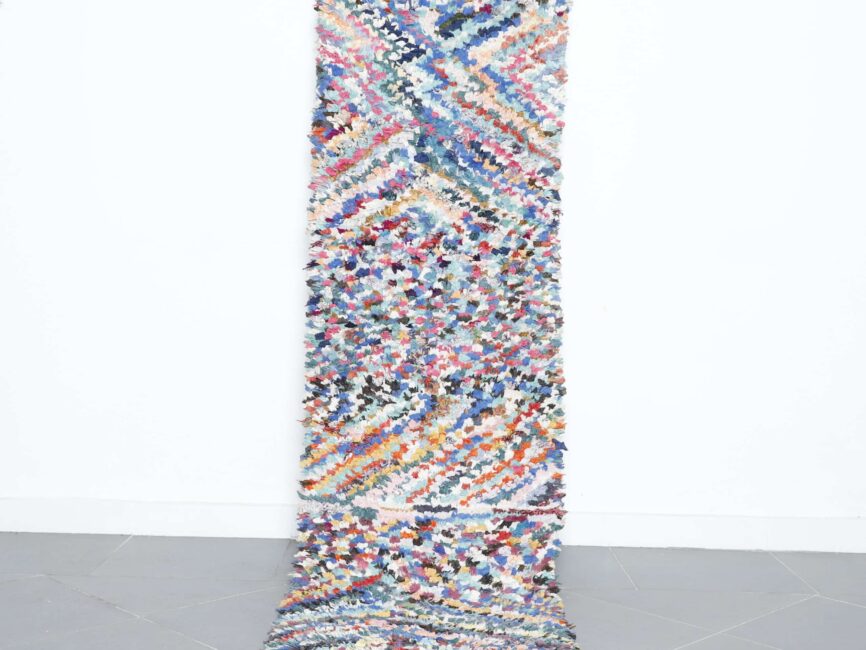 Boucherouite runner rug 7.7×2.3 ft handmade Moroccan rag rug with colorful zigzag pattern