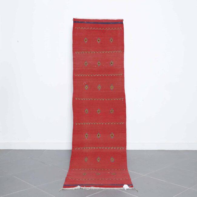 Akhnif runner rug 8.2×2.2 ft handmade Moroccan wool rug in red with embroidered Berber motifs