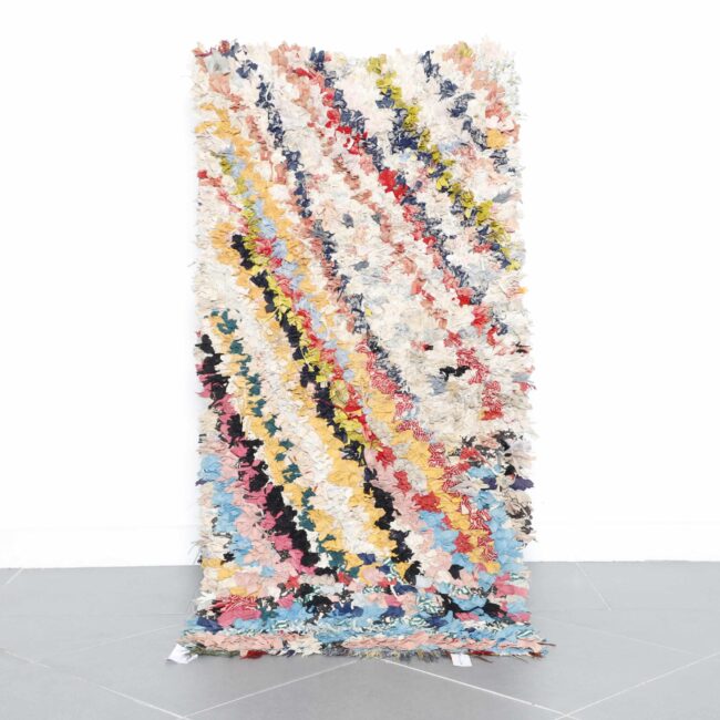 Boucherouite rug 4.9×2.3 ft handmade Moroccan colorful rag rug with diagonal multicolor pattern