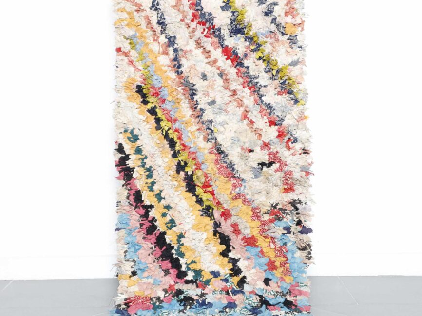 Boucherouite rug 4.9×2.3 ft handmade Moroccan colorful rag rug with diagonal multicolor pattern