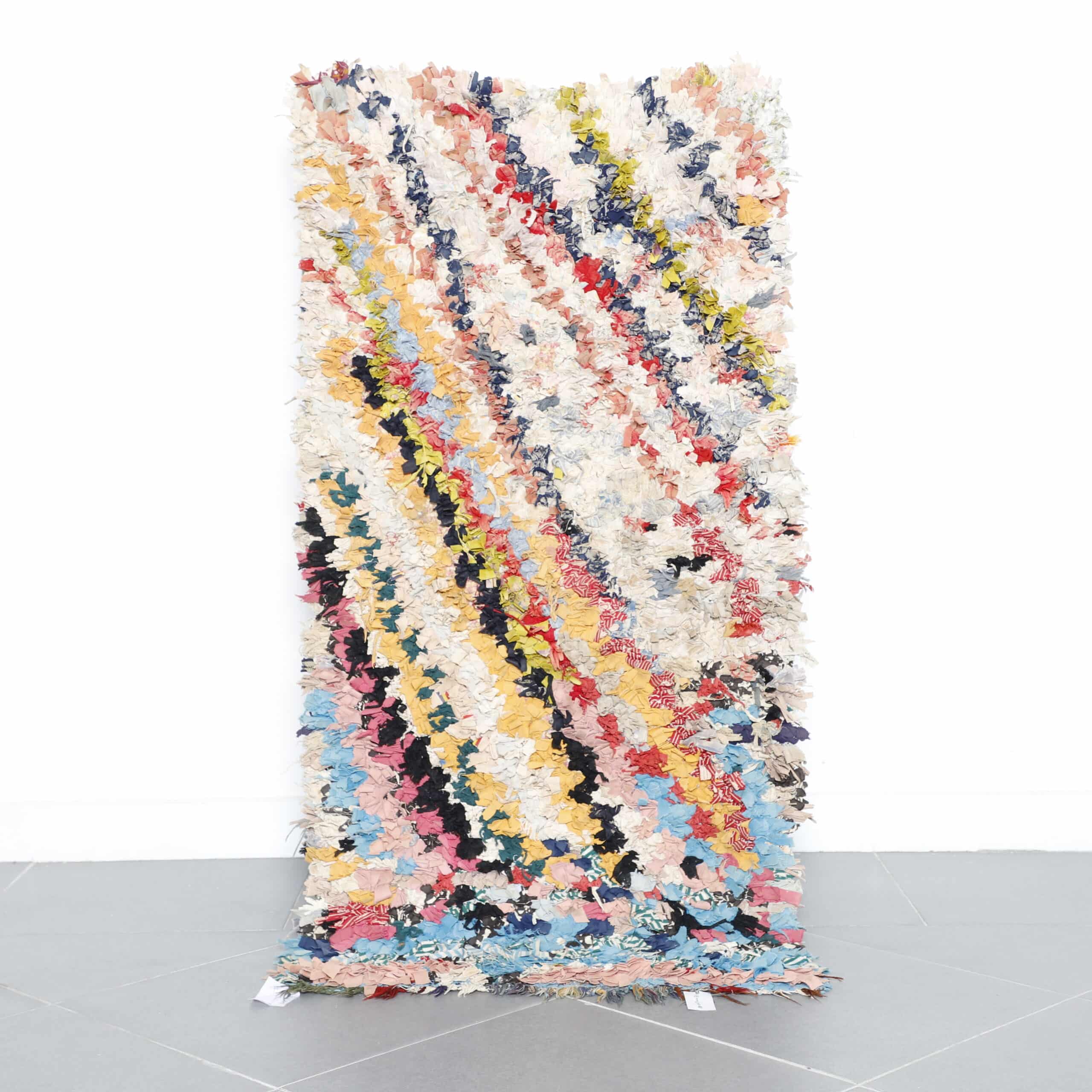 Boucherouite rug 4.9×2.3 ft handmade Moroccan colorful rag rug with diagonal multicolor pattern