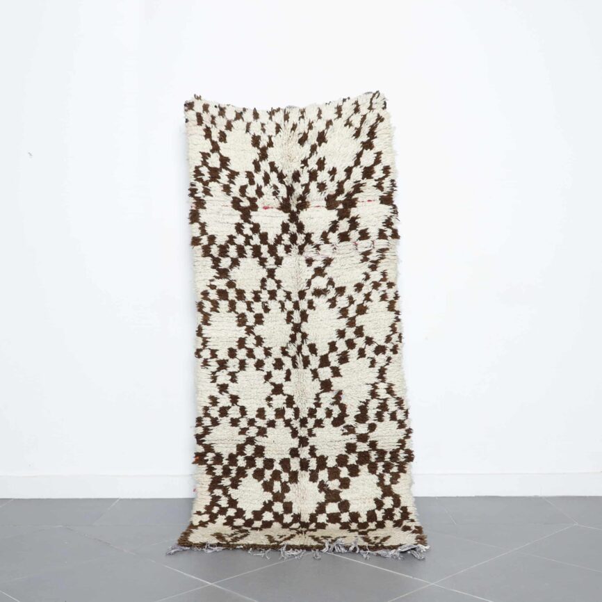 Vintage Beni Ourain runner rug 6.7×2.8 ft handmade Moroccan wool rug with geometric black and white patterns