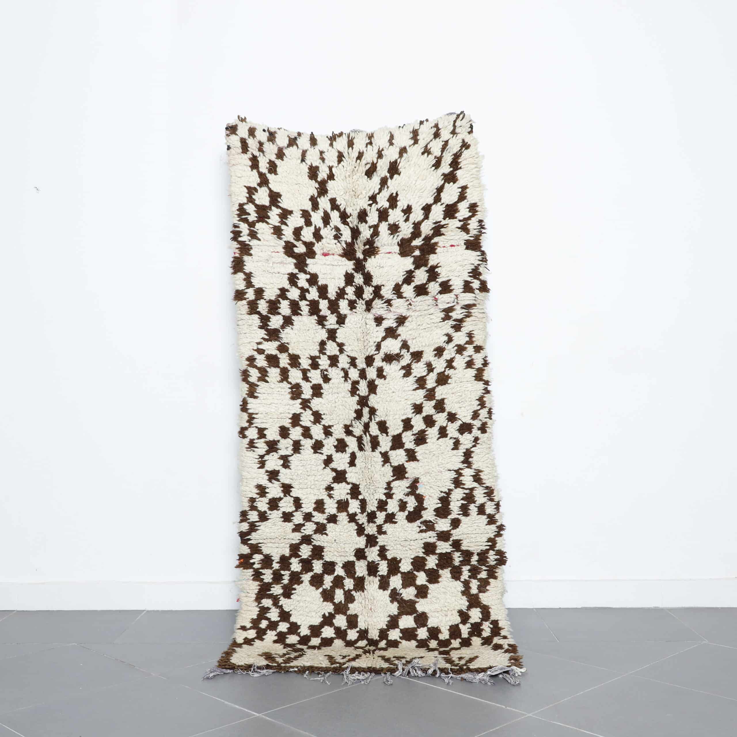 Vintage Beni Ourain runner rug 6.7×2.8 ft handmade Moroccan wool rug with geometric black and white patterns