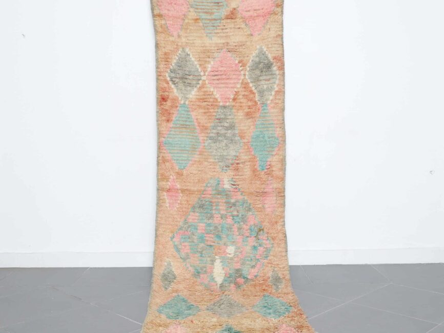 Vintage Boujaad Runner 10.2×2.6 ft handmade Moroccan wool rug in soft pastel geometric design