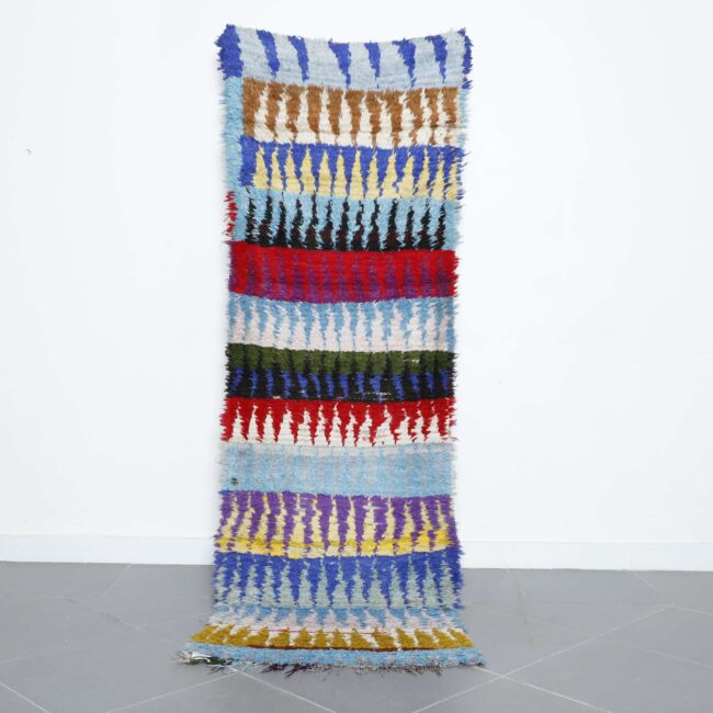 Handmade Moroccan Boucherouite rug 8.4×2.7 ft in multicolor pattern