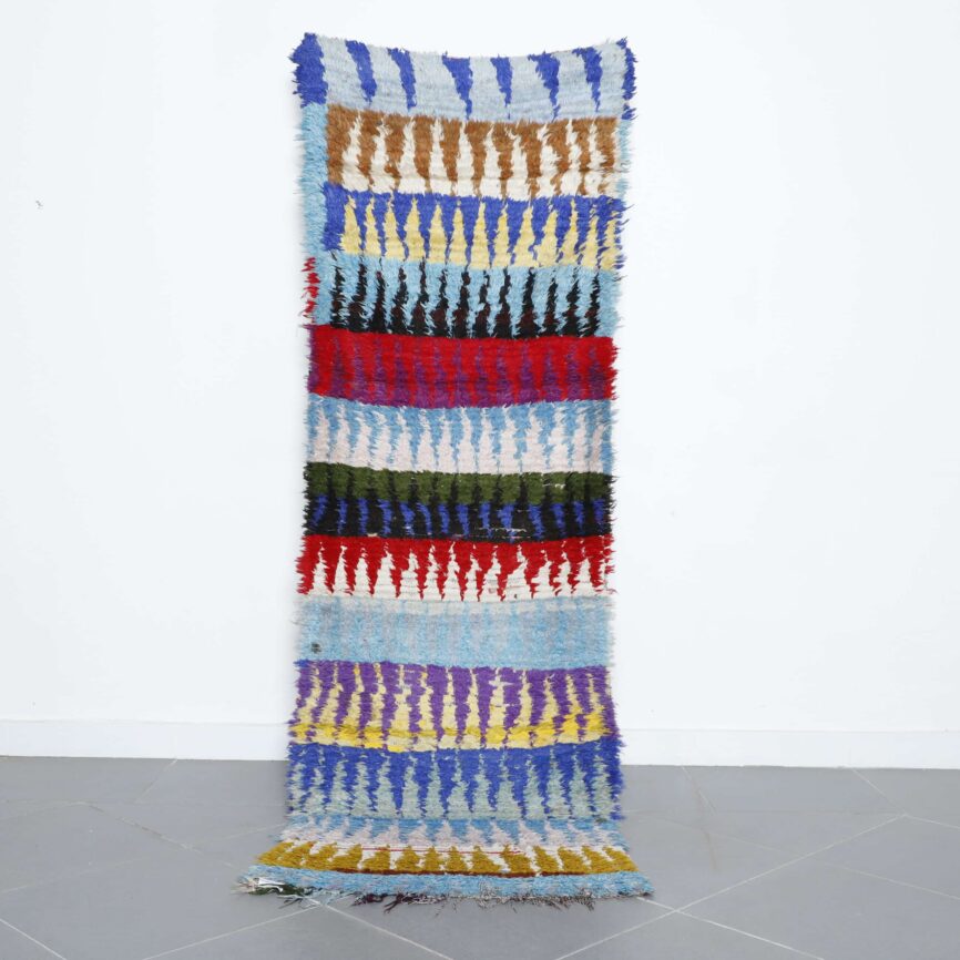 Handmade Moroccan Boucherouite rug 8.4×2.7 ft in multicolor pattern