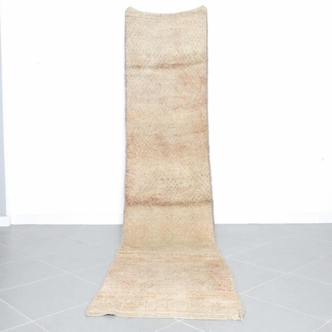Beni Mguild runner rug 12.0×2.6 ft handmade vintage Moroccan wool rug in neutral faded tones