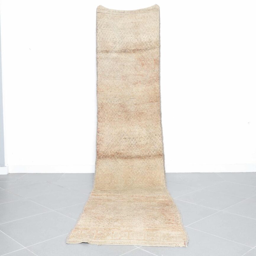 Beni Mguild runner rug 12.0×2.6 ft handmade vintage Moroccan wool rug in neutral faded tones