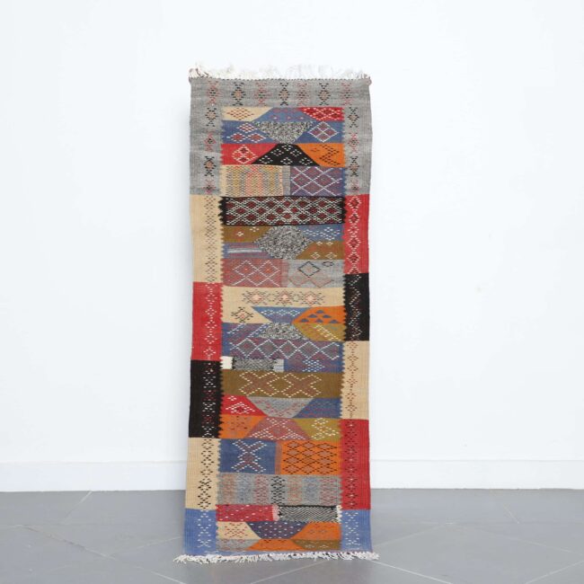 Pecasso kilim rug 5.1×1.9 ft handmade Moroccan wool runner with colorful patchwork geometric design