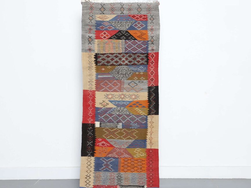 Pecasso kilim rug 5.1×1.9 ft handmade Moroccan wool runner with colorful patchwork geometric design