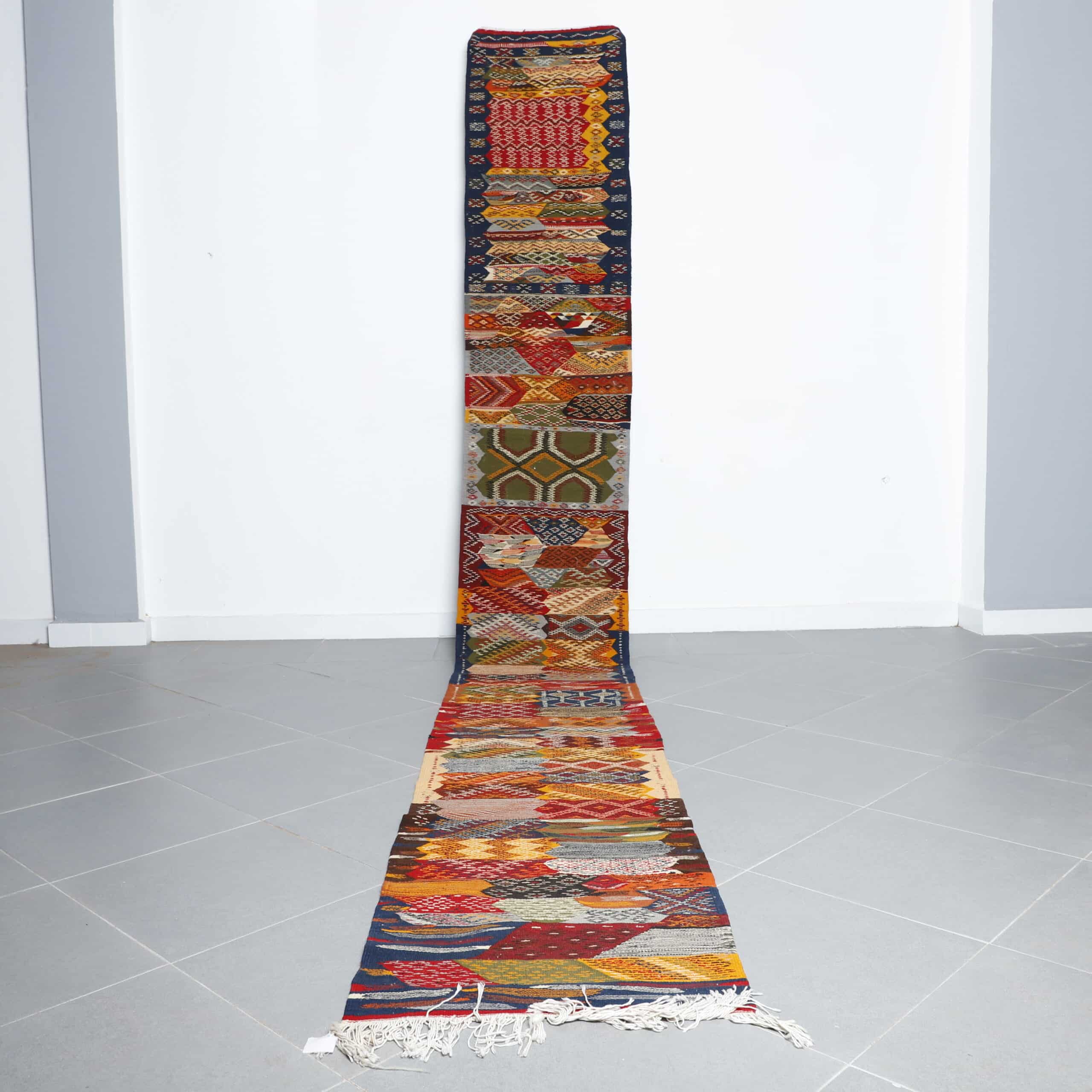Berber Carpet Kilim Picasso Runner 16.7×2.2 ft handmade Moroccan wool runner with colorful geometric design