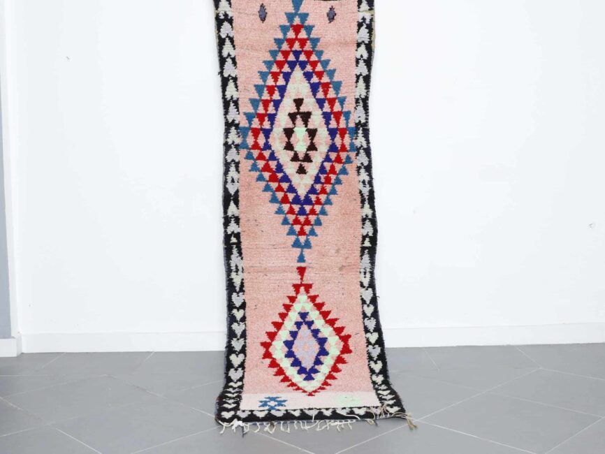 Boucherouite runner rug 8.1×2.5 ft handmade Moroccan wool rug with colorful diamond patterns