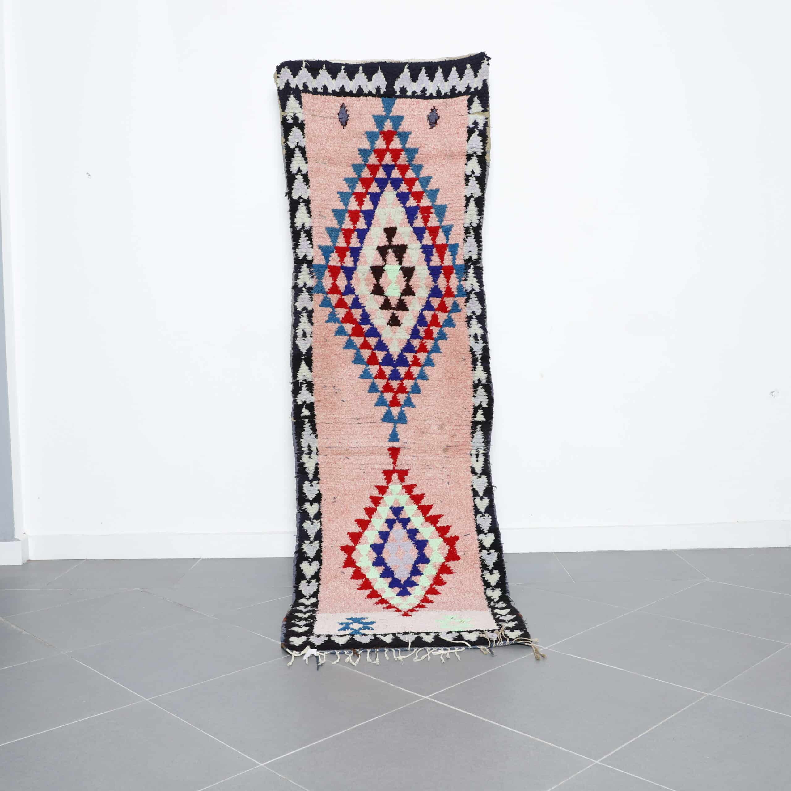 Boucherouite runner rug 8.1×2.5 ft handmade Moroccan wool rug with colorful diamond patterns