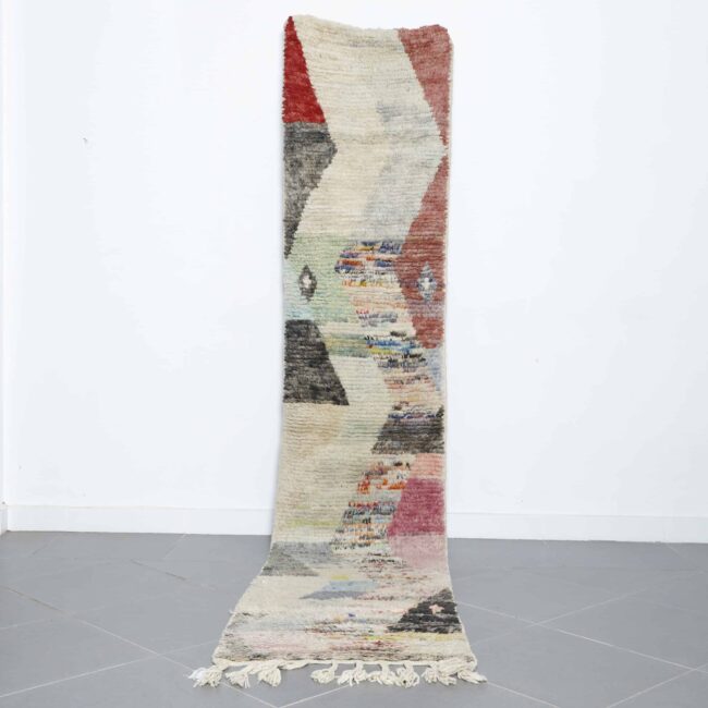 New Boujaad Rug 10.9×2.2 ft handmade Moroccan wool runner in modern chevron multicolor design