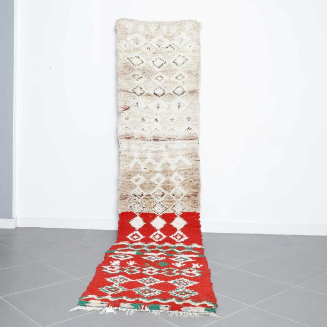 Vintage Boujaad runner rug 12.0×2.5 ft handmade Moroccan wool rug with red and cream geometric design