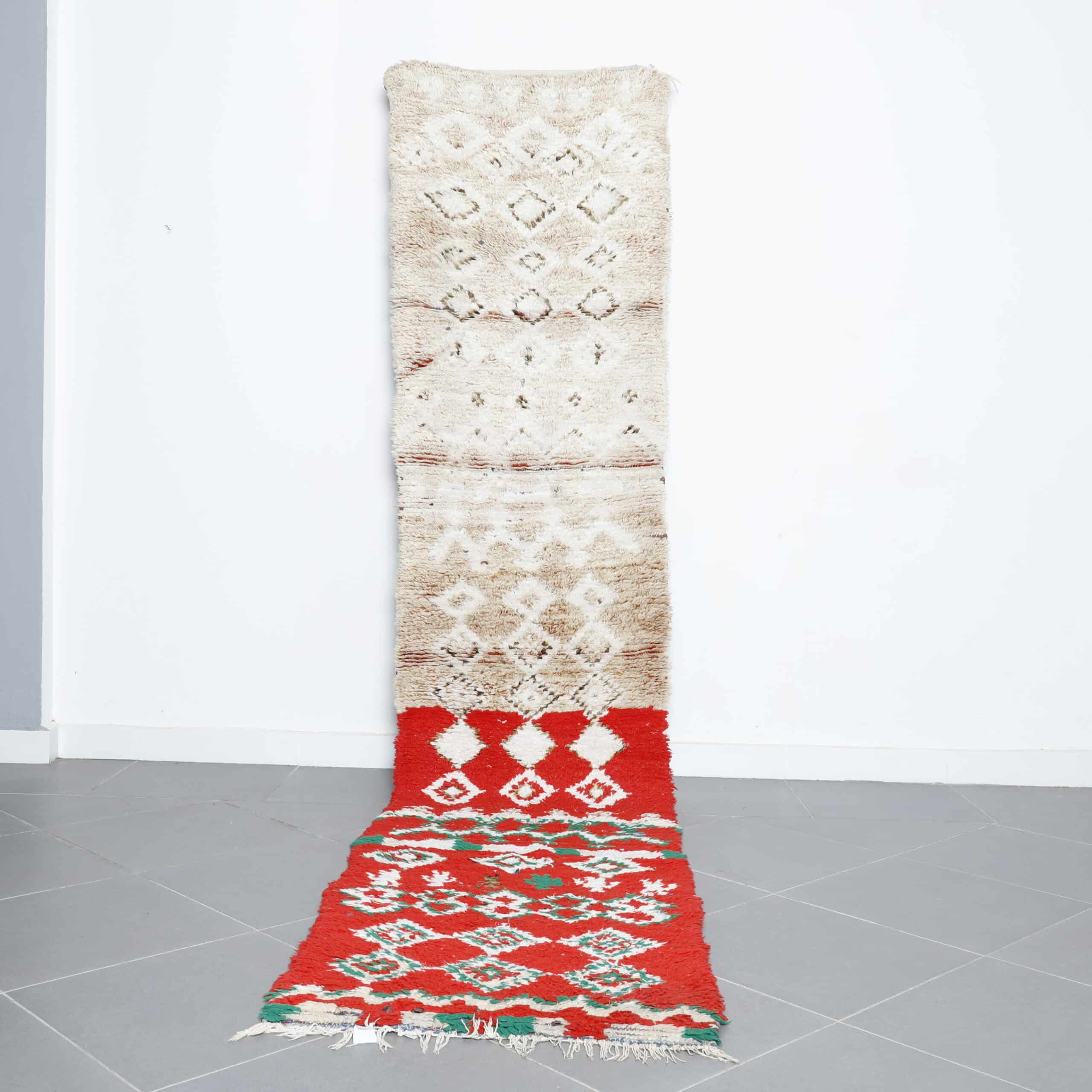 Vintage Boujaad runner rug 12.0×2.5 ft handmade Moroccan wool rug with red and cream geometric design