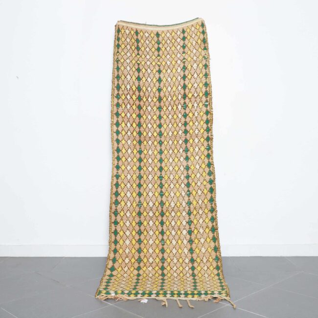 Vintage Boujaad Runner 8.2×2.8 ft handmade Moroccan wool rug in yellow and green diamond pattern